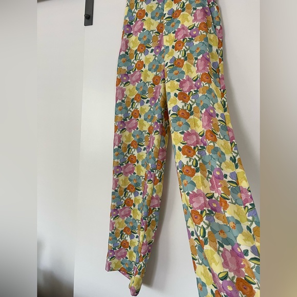 NEW Zara Floral Wide Leg High Waist Pant SMALL Pink Yellow Blue - Picture 6 of 13